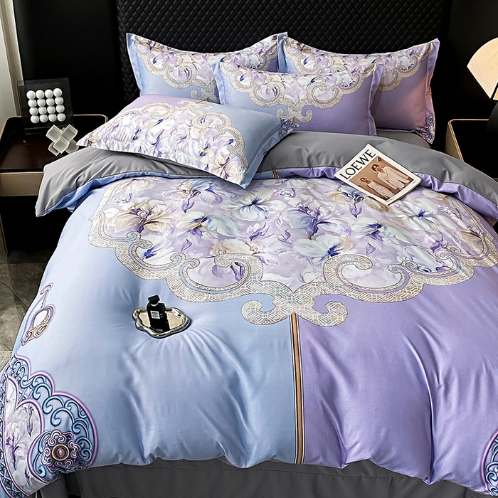 91家纺网 家纺一手货源 找家纺 大麦乐田 2025新款珍珠棉大版印花四件套 芳华-紫
