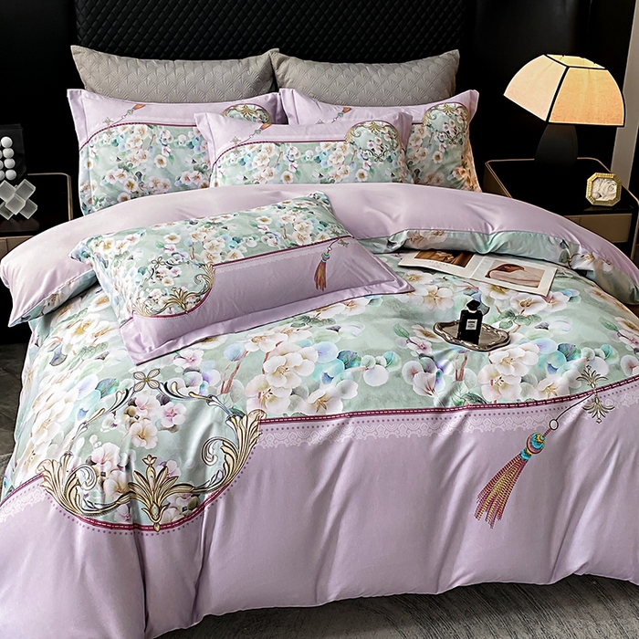 91家纺网 家纺一手货源 找家纺 大麦乐田 2025新款珍珠棉大版印花四件套 若芸-紫