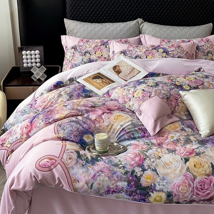 91家纺网 家纺一手货源 找家纺 大麦乐田 2025新款珍珠棉大版印花四件套 梦谷-粉