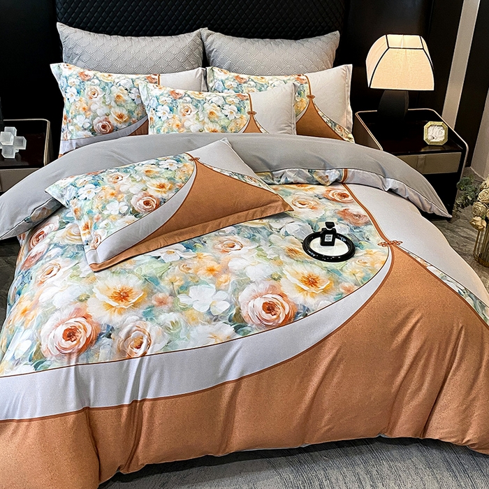 91家纺网 家纺一手货源 找家纺 大麦乐田 2025新款珍珠棉大版印花四件套 花涧-桔