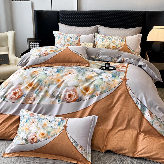 91家纺网 家纺一手货源 找家纺 大麦乐田 2025新款珍珠棉大版印花四件套 花涧-桔