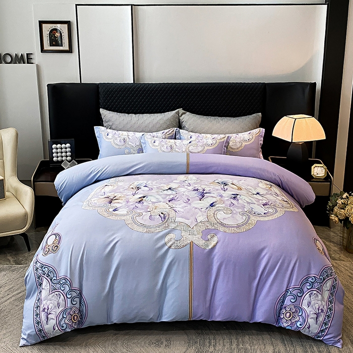 91家纺网 家纺一手货源 找家纺 大麦乐田 2025新款珍珠棉大版印花四件套 芳华-紫