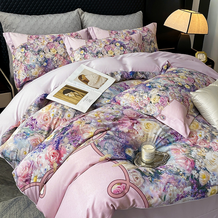 91家纺网 家纺一手货源 找家纺 大麦乐田 2025新款珍珠棉大版印花四件套 梦谷-粉