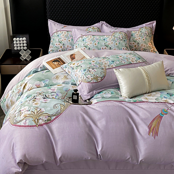 91家纺网 家纺一手货源 找家纺 大麦乐田 2025新款珍珠棉大版印花四件套 若芸-紫