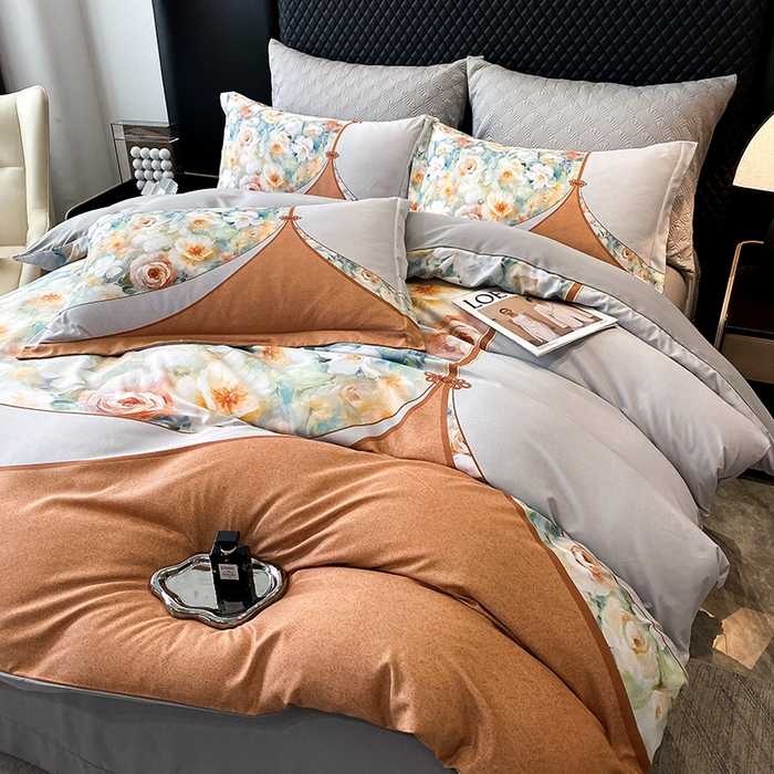 91家纺网 家纺一手货源 找家纺 大麦乐田 2025新款珍珠棉大版印花四件套 花涧-桔