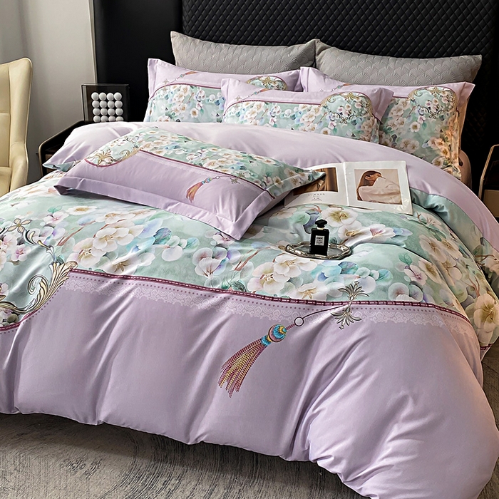 91家纺网 家纺一手货源 找家纺 大麦乐田 2025新款珍珠棉大版印花四件套 若芸-紫