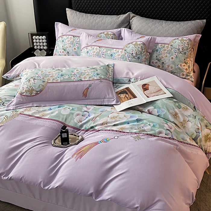 91家纺网 家纺一手货源 找家纺 大麦乐田 2025新款珍珠棉大版印花四件套 若芸-紫