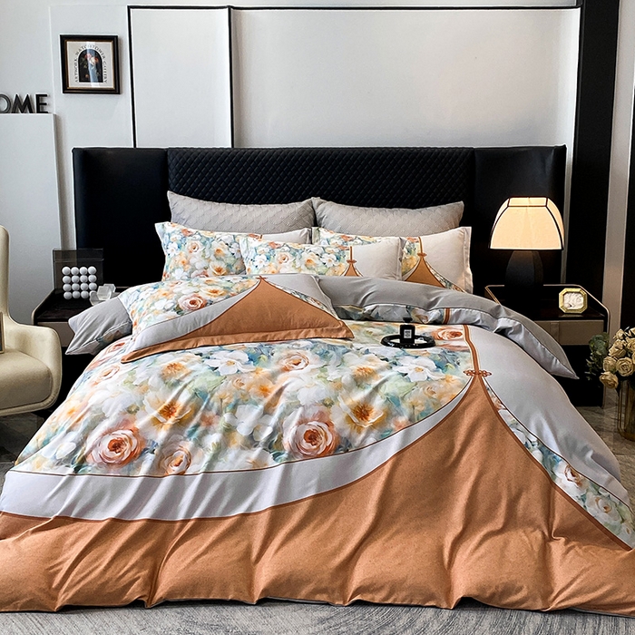 91家纺网 家纺一手货源 找家纺 大麦乐田 2025新款珍珠棉大版印花四件套 花涧-桔