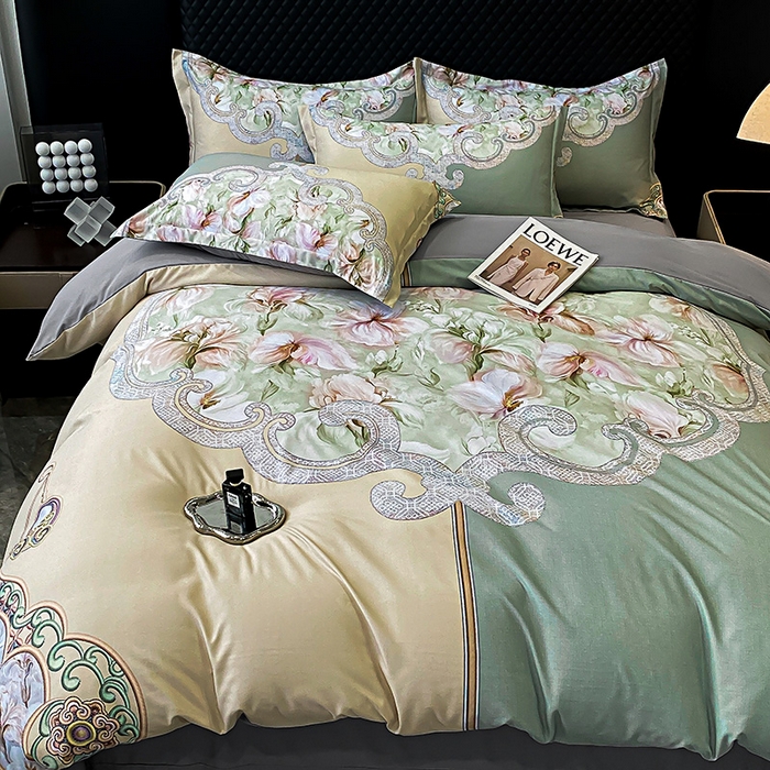 91家纺网 家纺一手货源 找家纺 大麦乐田 2025新款珍珠棉大版印花四件套 芳华-黄