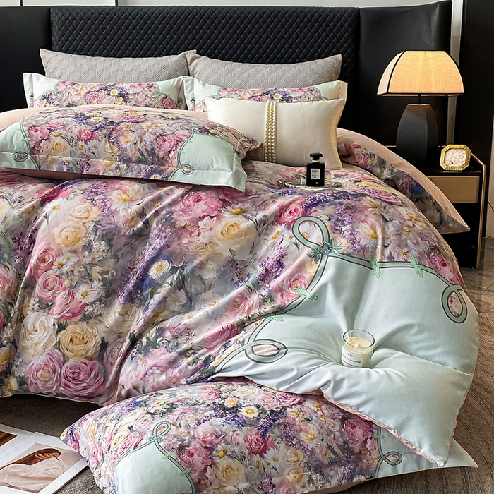 91家纺网 家纺一手货源 找家纺 大麦乐田 2025新款珍珠棉大版印花四件套 梦谷-绿