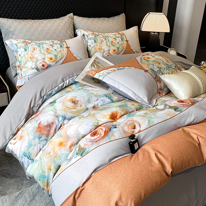 91家纺网 家纺一手货源 找家纺 大麦乐田 2025新款珍珠棉大版印花四件套 花涧-桔