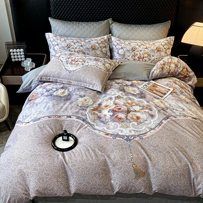 91家纺网 家纺一手货源 找家纺 大麦乐田 2025新款珍珠棉大版印花四件套 境澜-灰