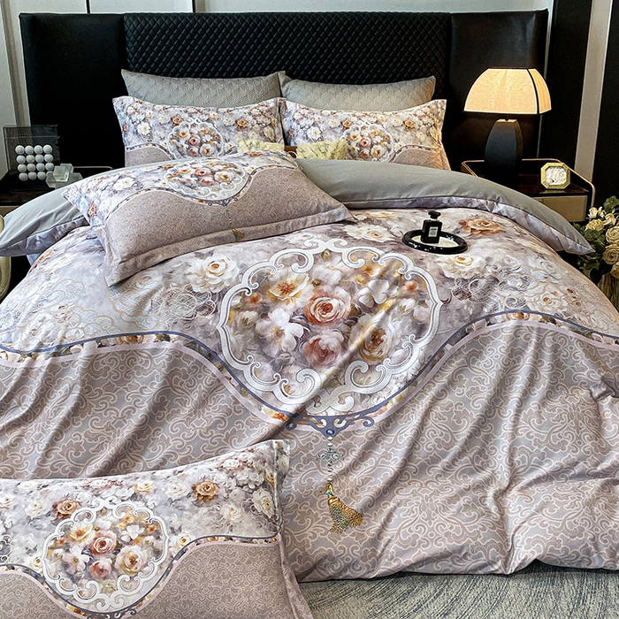 91家纺网 家纺一手货源 找家纺 大麦乐田 2025新款珍珠棉大版印花四件套 境澜-灰