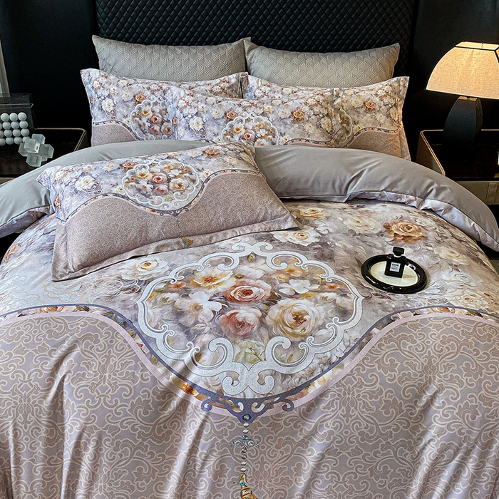 91家纺网 家纺一手货源 找家纺 大麦乐田 2025新款珍珠棉大版印花四件套 境澜-灰