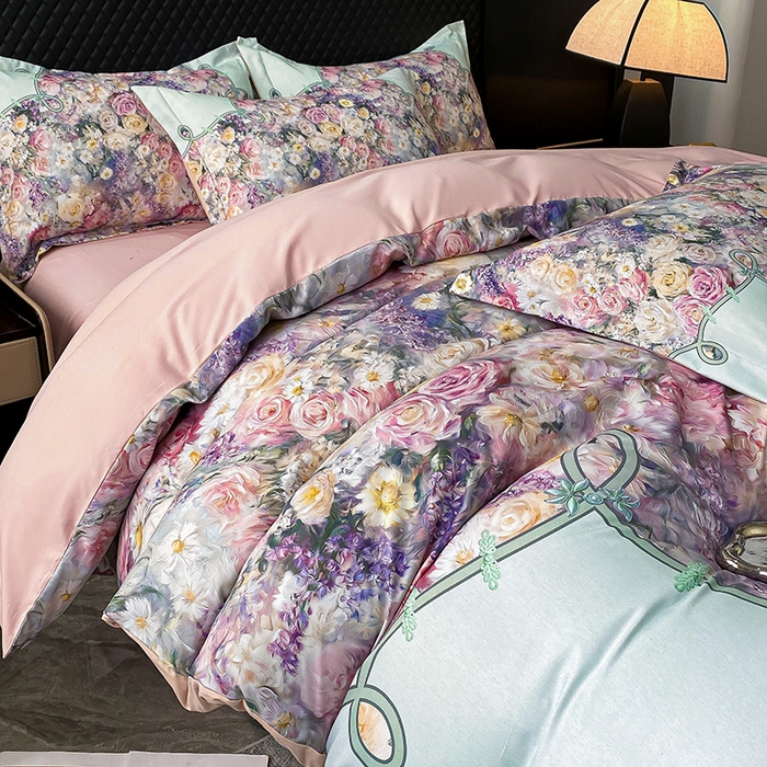 91家纺网 家纺一手货源 找家纺 大麦乐田 2025新款珍珠棉大版印花四件套 梦谷-绿