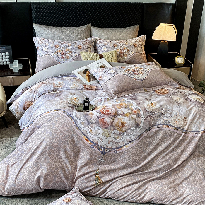 91家纺网 家纺一手货源 找家纺 大麦乐田 2025新款珍珠棉大版印花四件套 境澜-灰