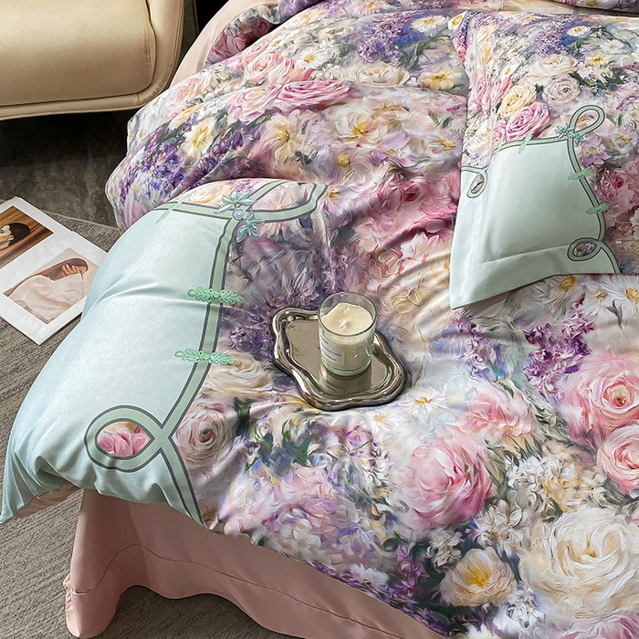 91家纺网 家纺一手货源 找家纺 大麦乐田 2025新款珍珠棉大版印花四件套 梦谷-绿