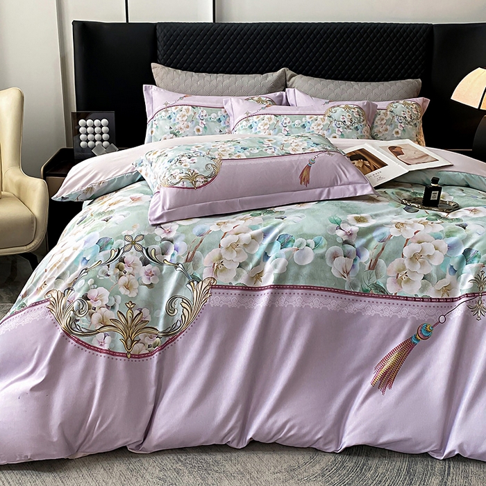 91家纺网 家纺一手货源 找家纺 大麦乐田 2025新款珍珠棉大版印花四件套 若芸-紫