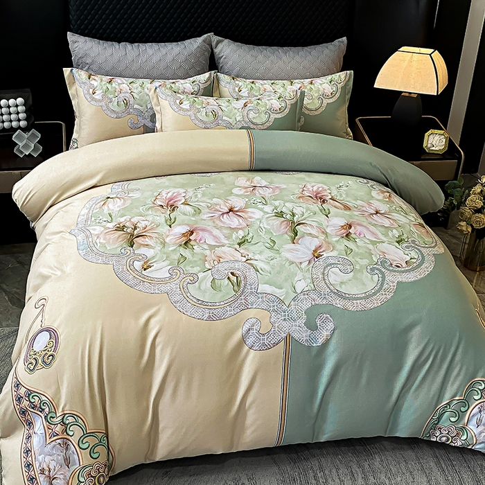 91家纺网 家纺一手货源 找家纺 大麦乐田 2025新款珍珠棉大版印花四件套 芳华-黄