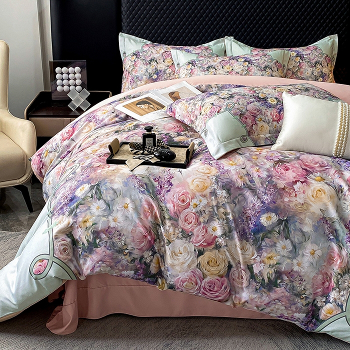 91家纺网 家纺一手货源 找家纺 大麦乐田 2025新款珍珠棉大版印花四件套 梦谷-绿