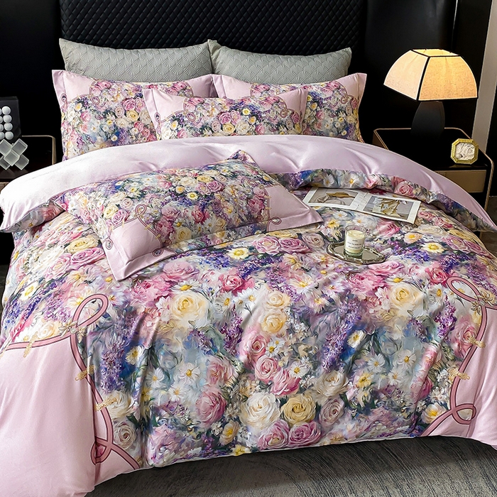 91家纺网 家纺一手货源 找家纺 大麦乐田 2025新款珍珠棉大版印花四件套 梦谷-粉