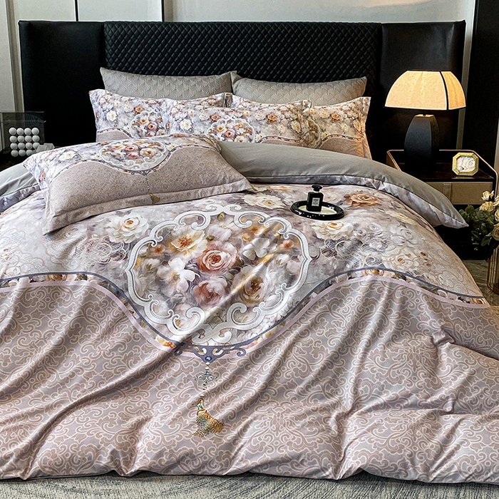 91家纺网 家纺一手货源 找家纺 大麦乐田 2025新款珍珠棉大版印花四件套 境澜-灰