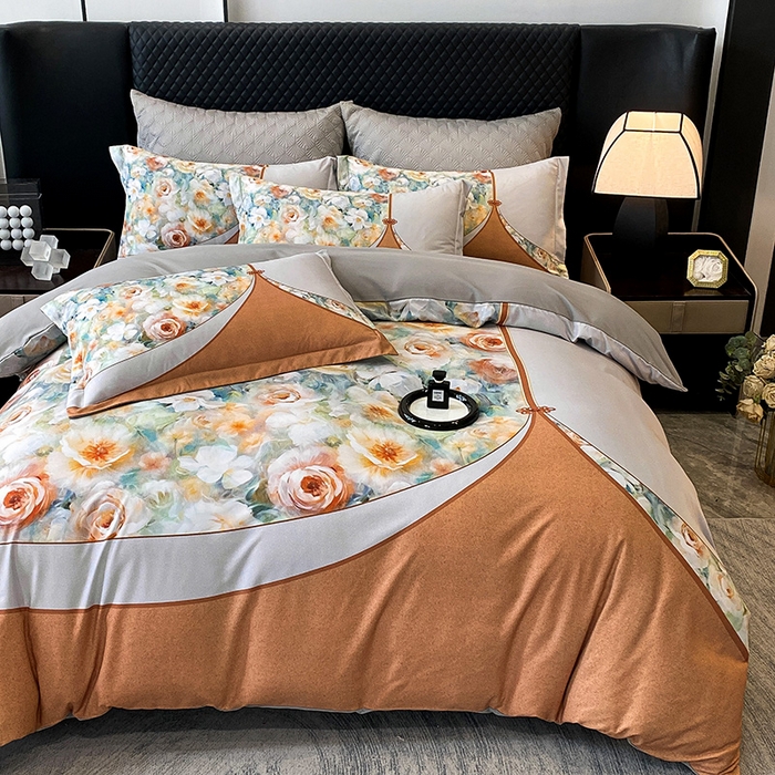 91家纺网 家纺一手货源 找家纺 大麦乐田 2025新款珍珠棉大版印花四件套 花涧-桔