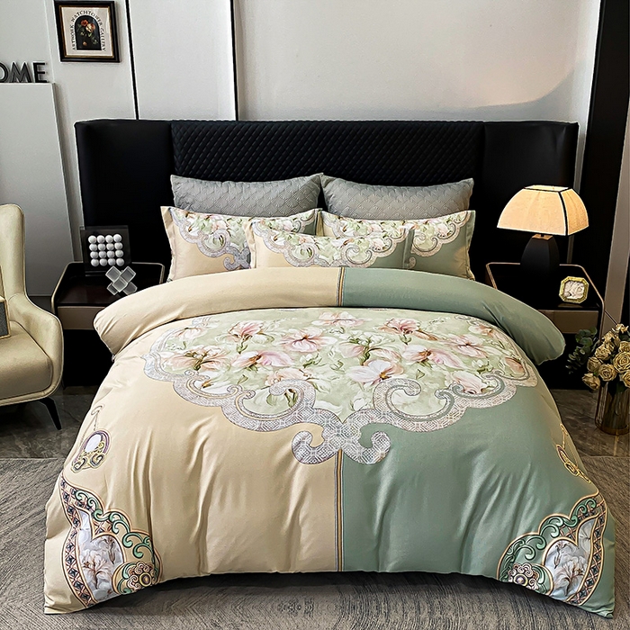 91家纺网 家纺一手货源 找家纺 大麦乐田 2025新款珍珠棉大版印花四件套 芳华-黄