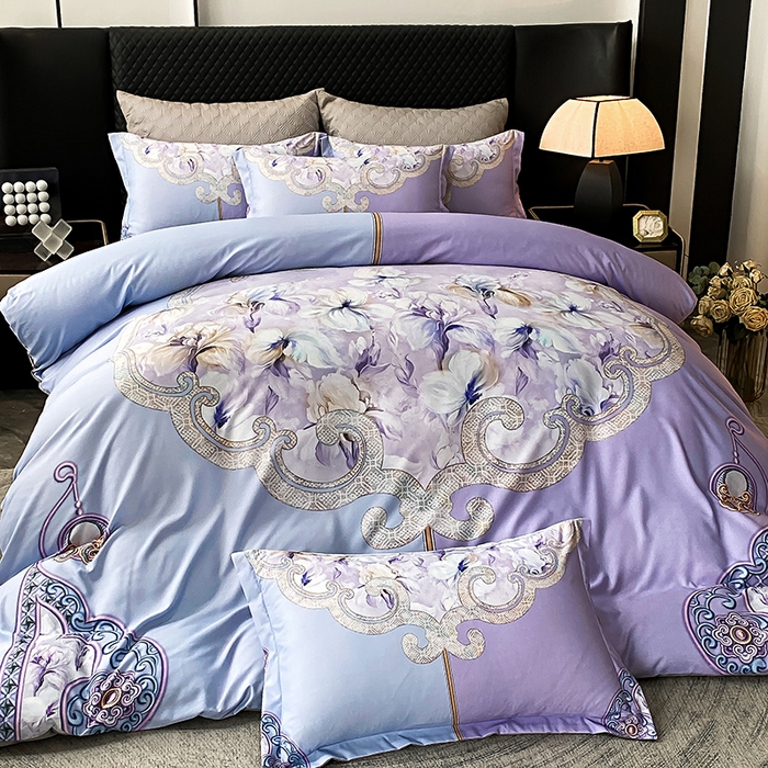 91家纺网 家纺一手货源 找家纺 大麦乐田 2025新款珍珠棉大版印花四件套 芳华-紫