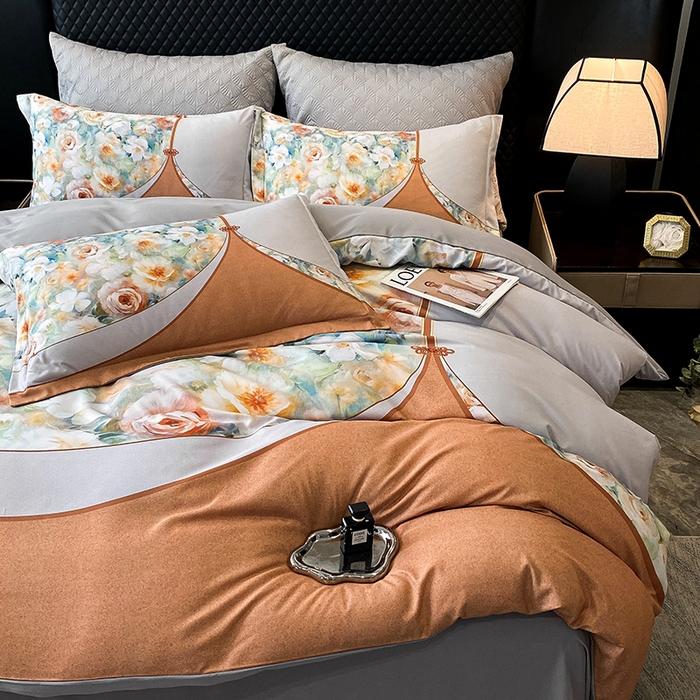 91家纺网 家纺一手货源 找家纺 大麦乐田 2025新款珍珠棉大版印花四件套 花涧-桔