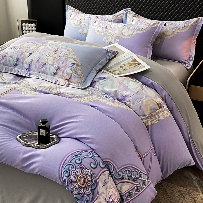 91家纺网 家纺一手货源 找家纺 大麦乐田 2025新款珍珠棉大版印花四件套 芳华-紫