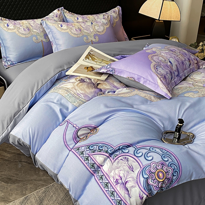 91家纺网 家纺一手货源 找家纺 大麦乐田 2025新款珍珠棉大版印花四件套 芳华-紫