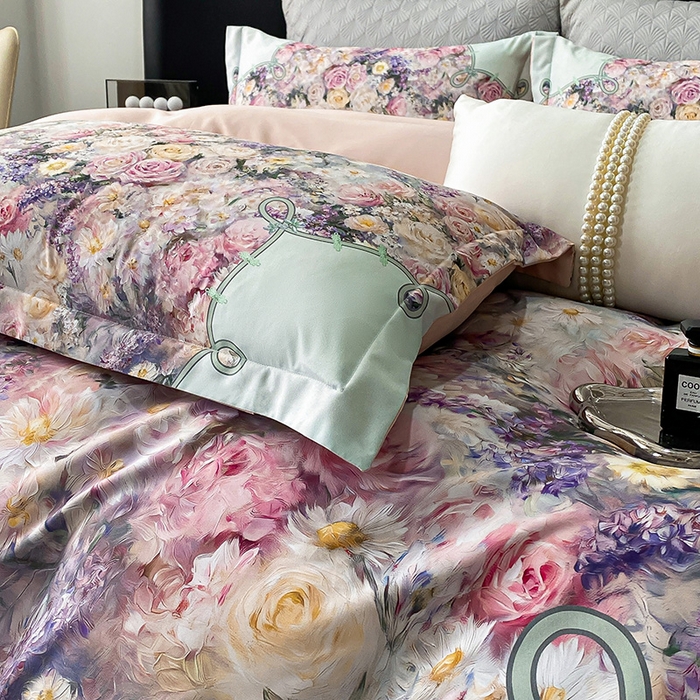 91家纺网 家纺一手货源 找家纺 大麦乐田 2025新款珍珠棉大版印花四件套 梦谷-绿