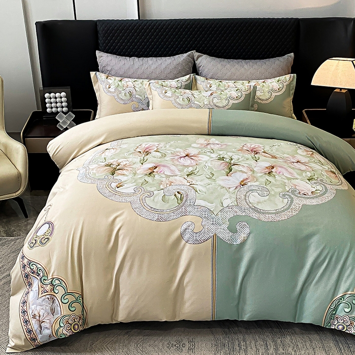 91家纺网 家纺一手货源 找家纺 大麦乐田 2025新款珍珠棉大版印花四件套 芳华-黄