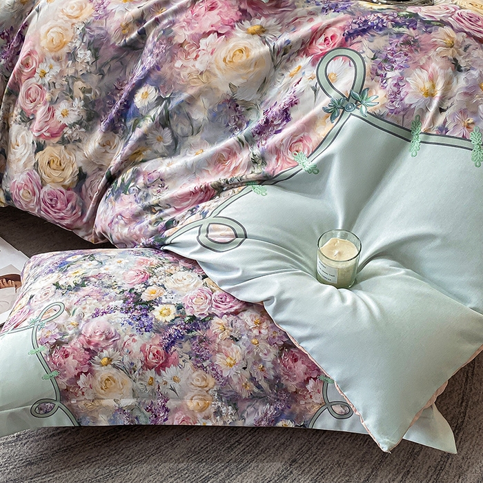 91家纺网 家纺一手货源 找家纺 大麦乐田 2025新款珍珠棉大版印花四件套 梦谷-绿