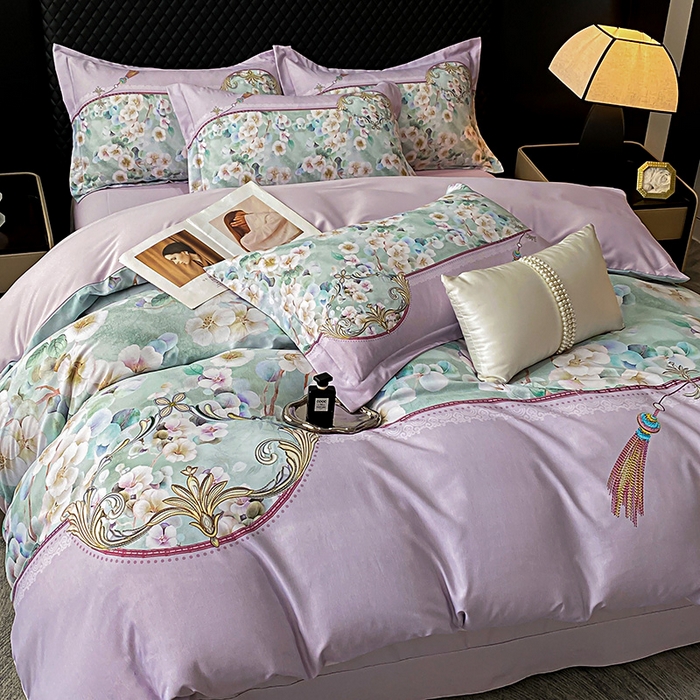 91家纺网 家纺一手货源 找家纺 大麦乐田 2025新款珍珠棉大版印花四件套 若芸-紫