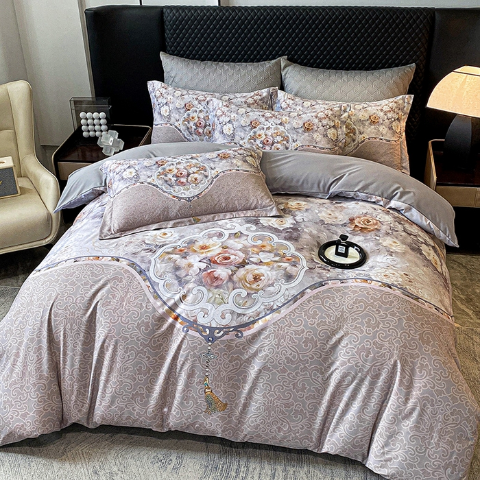 91家纺网 家纺一手货源 找家纺 大麦乐田 2025新款珍珠棉大版印花四件套 境澜-灰