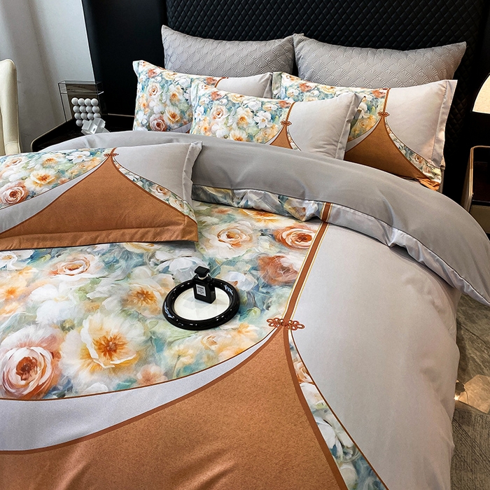 91家纺网 家纺一手货源 找家纺 大麦乐田 2025新款珍珠棉大版印花四件套 花涧-桔