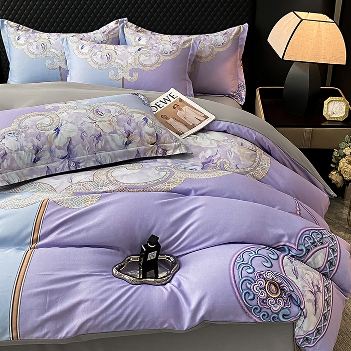 91家纺网 家纺一手货源 找家纺 大麦乐田 2025新款珍珠棉大版印花四件套 芳华-紫