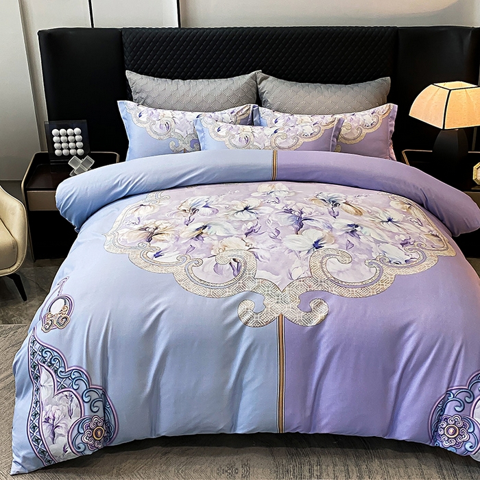 91家纺网 家纺一手货源 找家纺 大麦乐田 2025新款珍珠棉大版印花四件套 芳华-紫