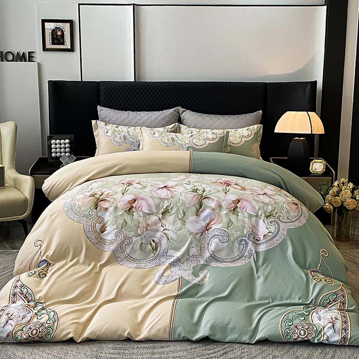 91家纺网 家纺一手货源 找家纺 大麦乐田 2025新款珍珠棉大版印花四件套 芳华-黄