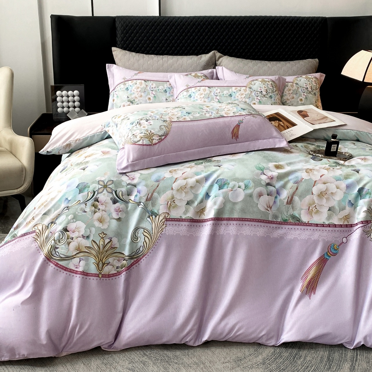 91家纺网 家纺一手货源 找家纺 大麦乐田 2025新款珍珠棉大版印花四件套 若芸-紫