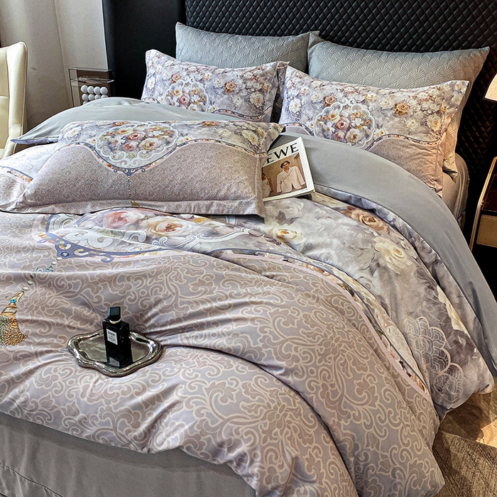 91家纺网 家纺一手货源 找家纺 大麦乐田 2025新款珍珠棉大版印花四件套 境澜-灰