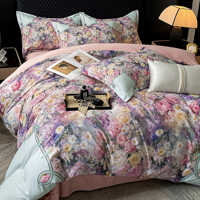 91家纺网 家纺一手货源 找家纺 大麦乐田 2025新款珍珠棉大版印花四件套 梦谷-绿