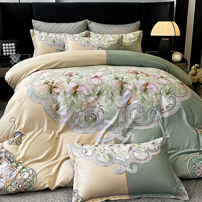 91家纺网 家纺一手货源 找家纺 大麦乐田 2025新款珍珠棉大版印花四件套 芳华-黄