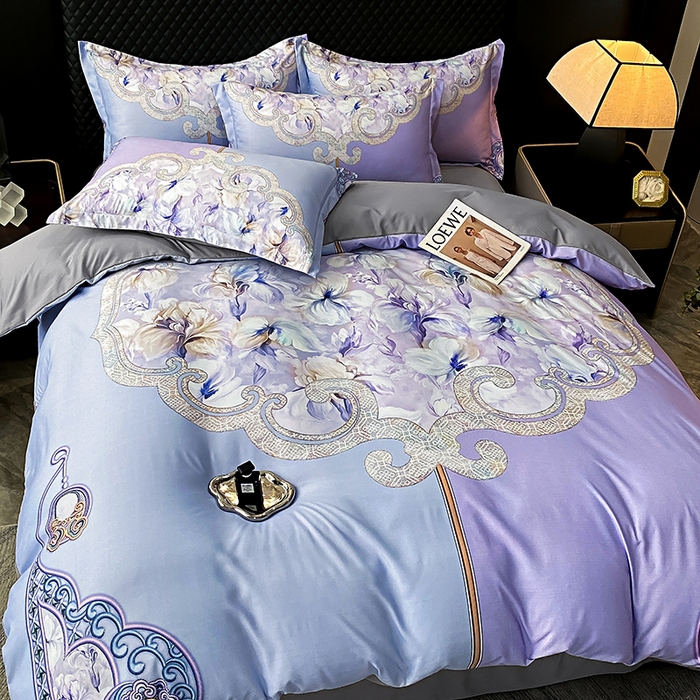 91家纺网 家纺一手货源 找家纺 大麦乐田 2025新款珍珠棉大版印花四件套 芳华-紫