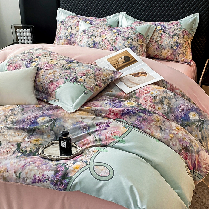 91家纺网 家纺一手货源 找家纺 大麦乐田 2025新款珍珠棉大版印花四件套 梦谷-绿