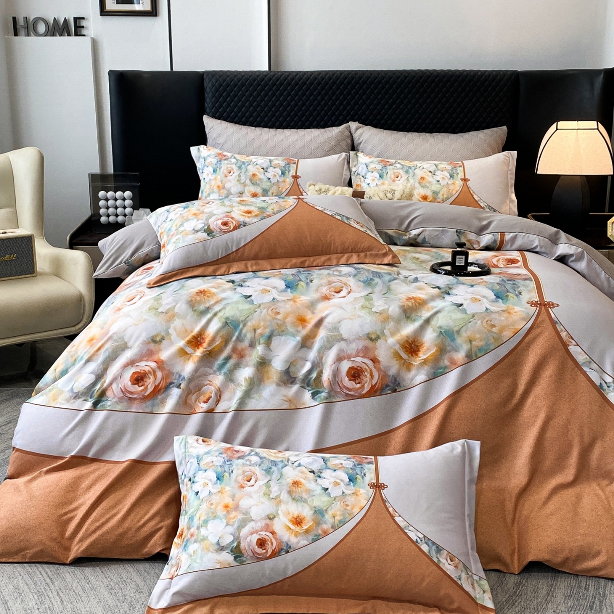 大麦乐田 2025新款珍珠棉大版印花四件套 花涧-桔