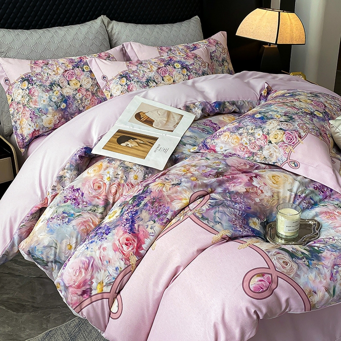 91家纺网 家纺一手货源 找家纺 大麦乐田 2025新款珍珠棉大版印花四件套 梦谷-粉