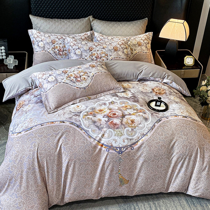 91家纺网 家纺一手货源 找家纺 大麦乐田 2025新款珍珠棉大版印花四件套 境澜-灰